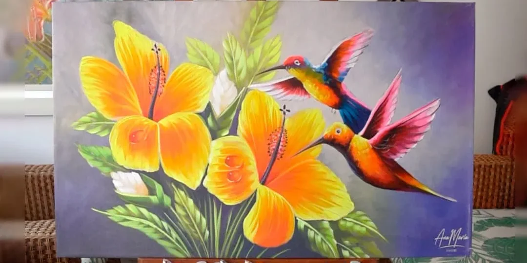 cuadro flores y colibri