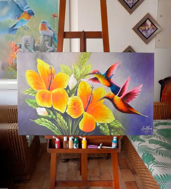 cuadro flores y colibri
