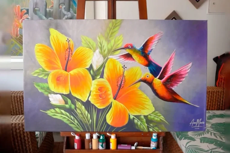 cuadro flores y colibri