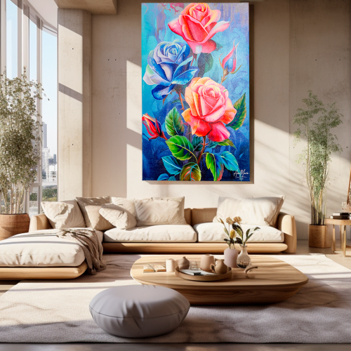 Cuadro Flores Azules y Rojas